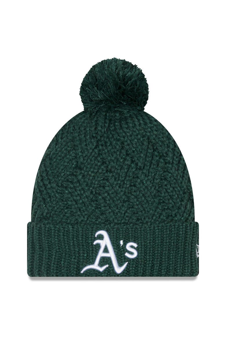 Women's New Era Green Oakland Athletics Brisk Cuffed Knit Hat with Pom, Main, color, Green