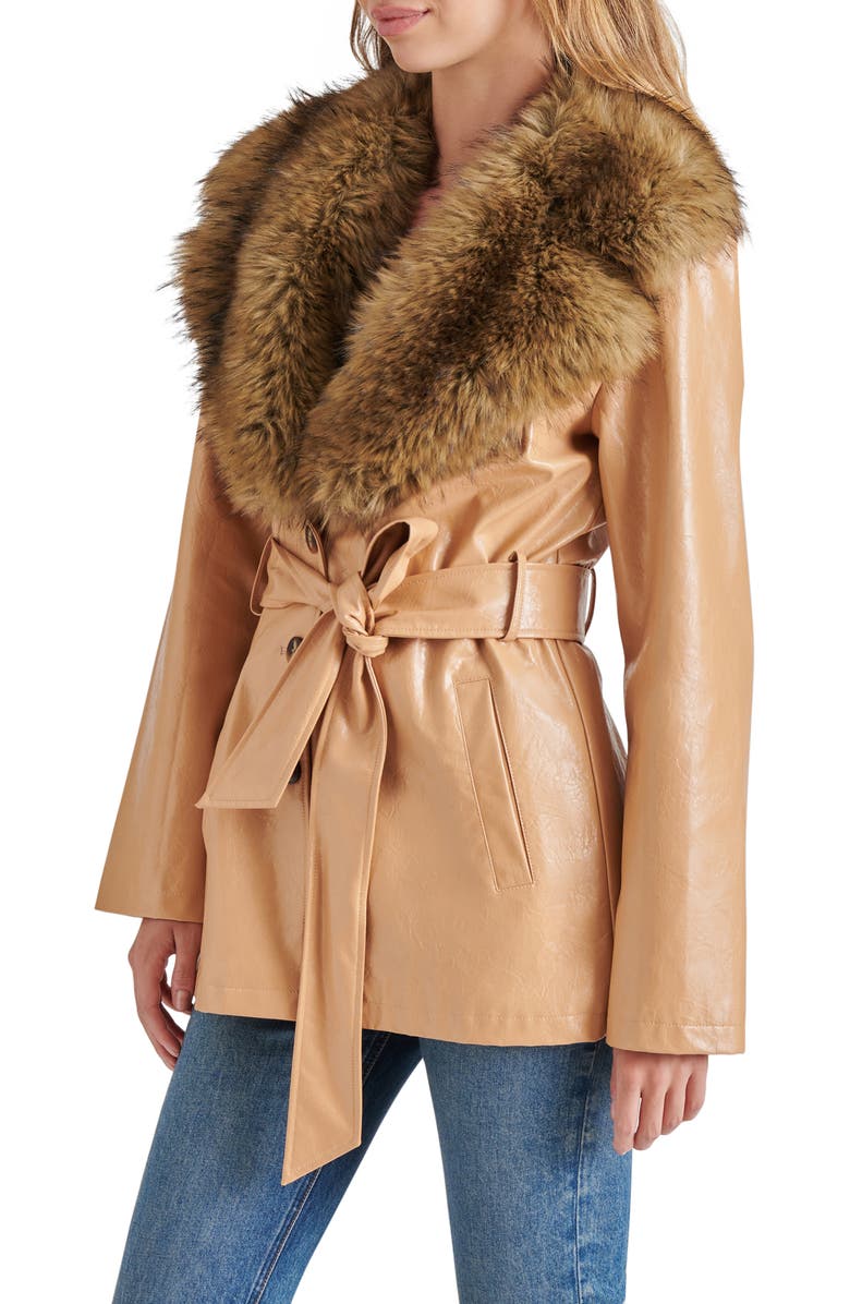Steve Madden Bowery Faux Fur and Faux Leather Belted Jacket, Alternate, color, 