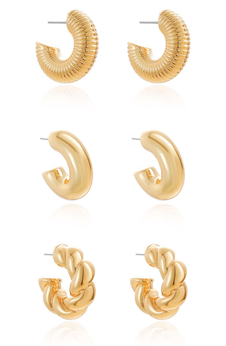 Ettika Everyday Set of 3 Huggie Hoop Earrings, Alternate, color, Gold