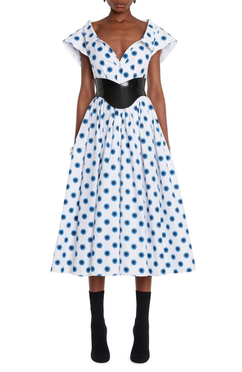 McQueen Iris Print Off the Shoulder Cotton Poplin Fit & Flare Midi Dress, Main, color, 