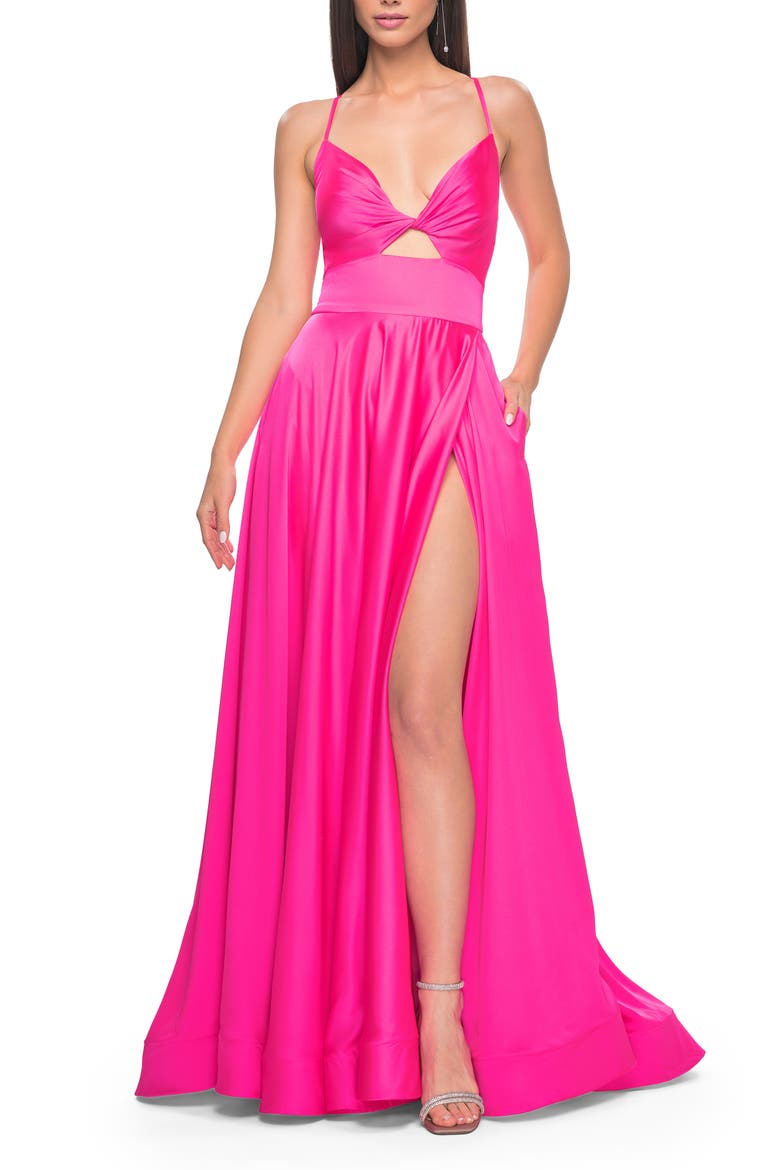 Satin A-Line Gown with Cut Out and Twist Bodice in Neon, Alternate, color, Neon Pink