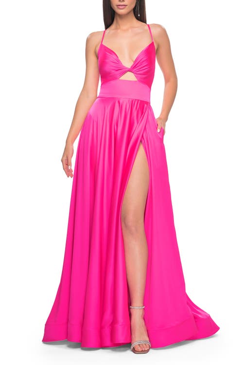 La Femme Satin A-line Gown With Cut Out And Twist Bodice In Neon Pink