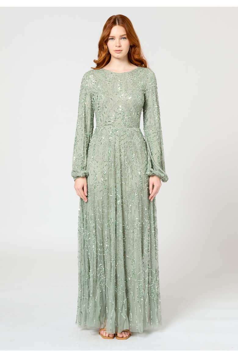 light green sequin maxi dress MARYISA Modest Embellished Beaded Long (Women) channel: Faire