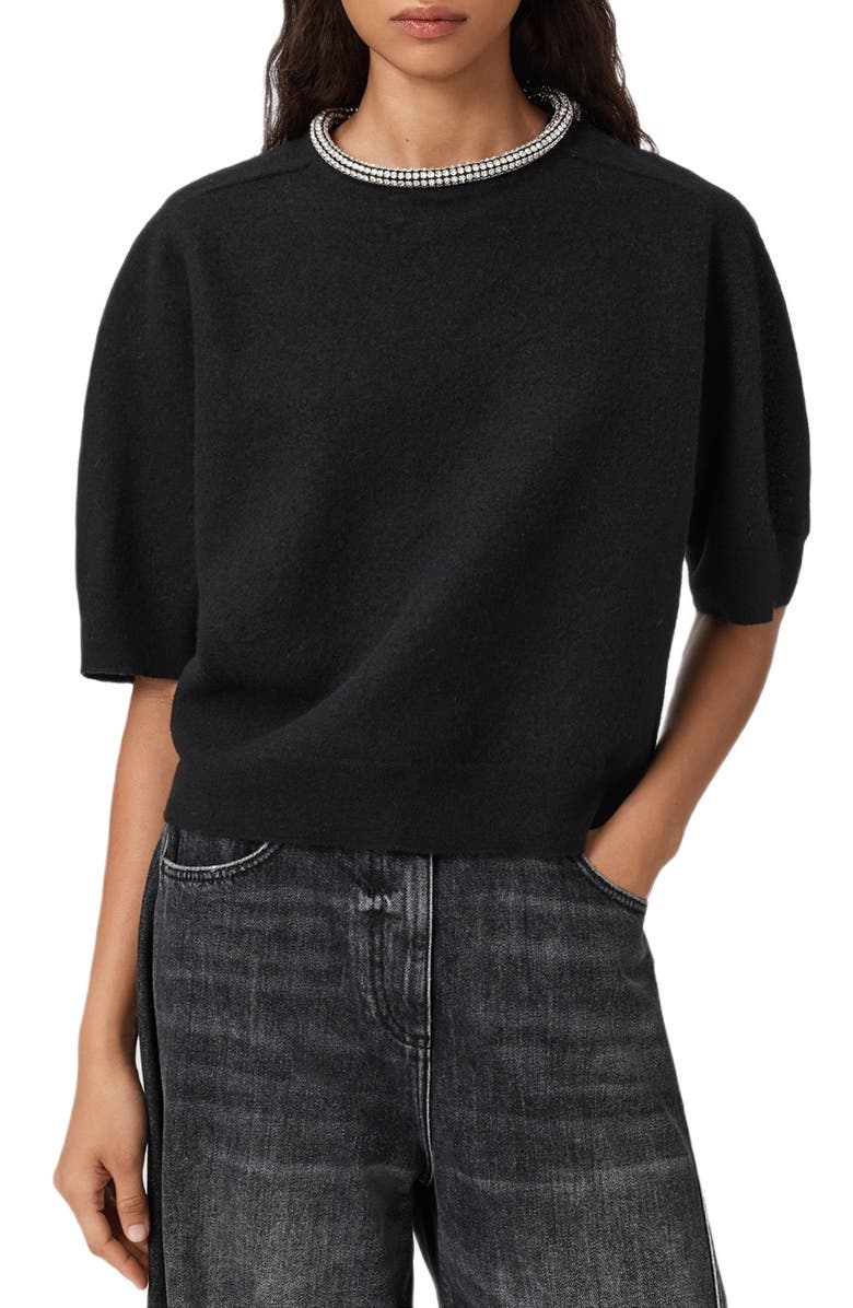 AllSaints Odell Rhinestone Collar Wool Sweater, Main, color, Black