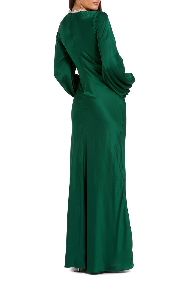 Beaded High Neck Bishop Sleeve Satin Gown, Alternate, color, Emerald