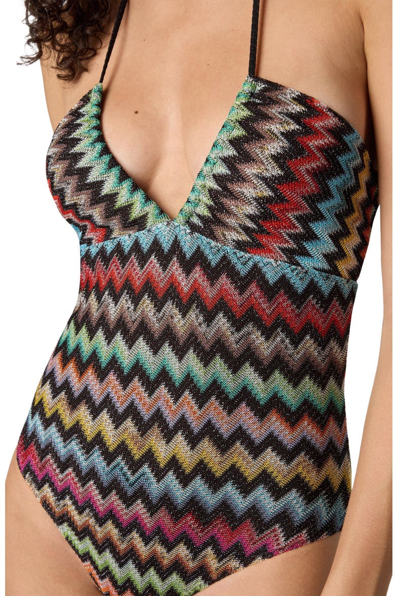 One-piece Swimsuit In Lamé Viscose With Micro Zigzag Pattern, Alternate, color, Black & Multicoloured