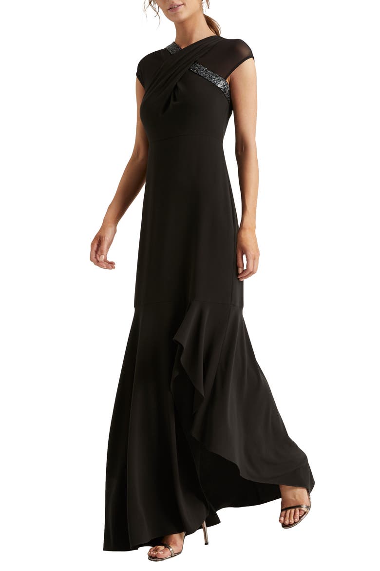 Heritage Crossover Embellished Asymmetrical Gown, Alternate, color, BLACK