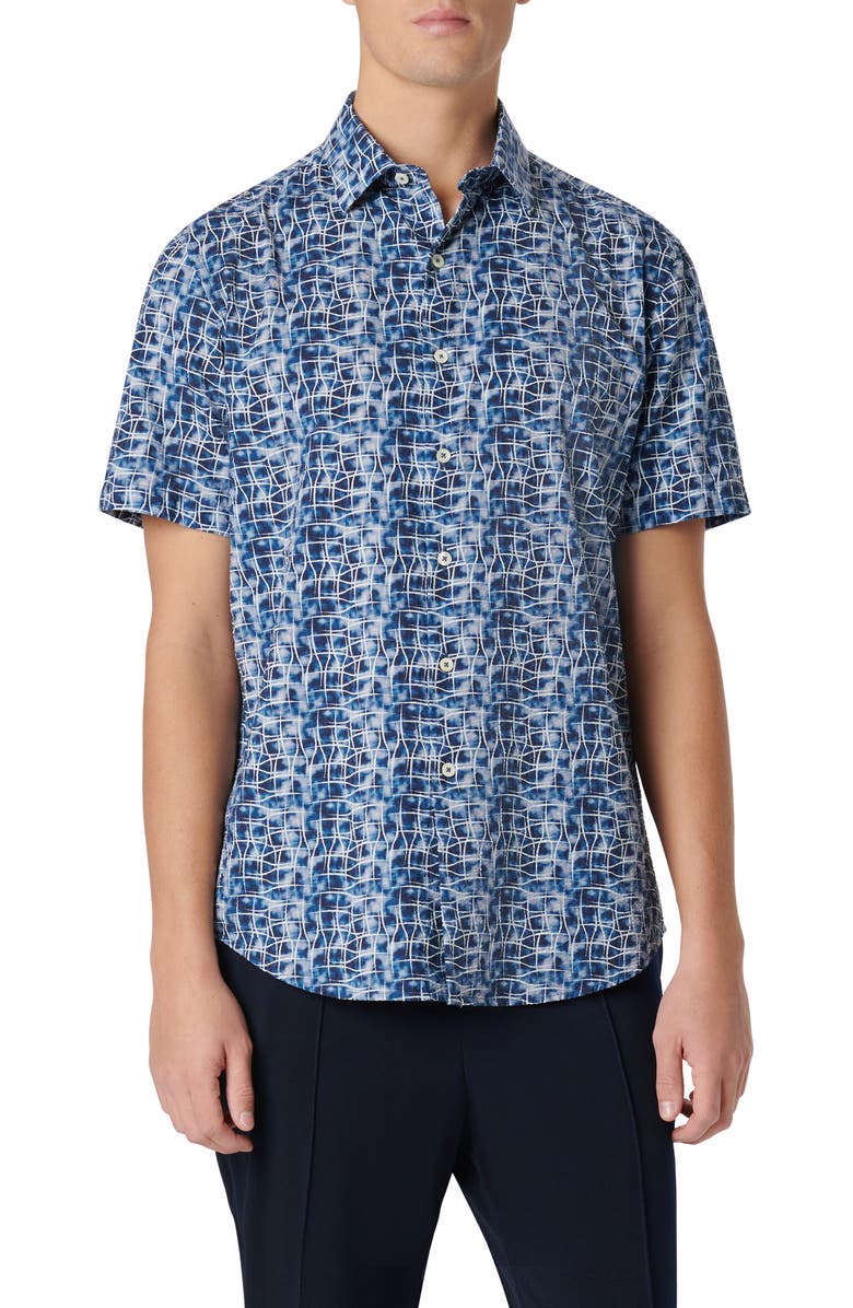 Bugatchi Orson Short Sleeve Seersucker Button-Up Shirt, Main, color, Night Blue