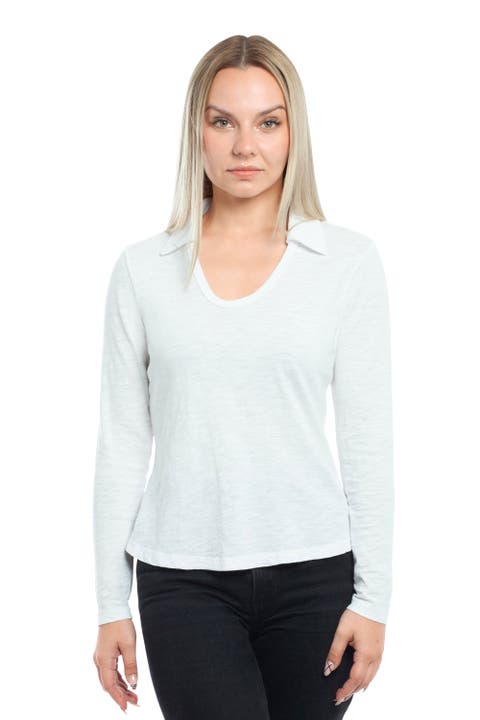 Scoop Neck Long Sleeve Polo Tee with Round Hem