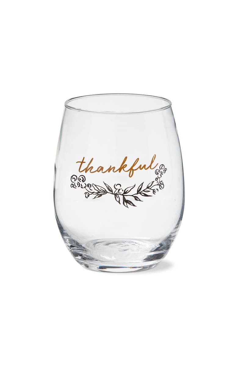 tag Thankful Sentiment Clear Stemless Wine Glass Dishwasher Safe, Main, color, Multicolored