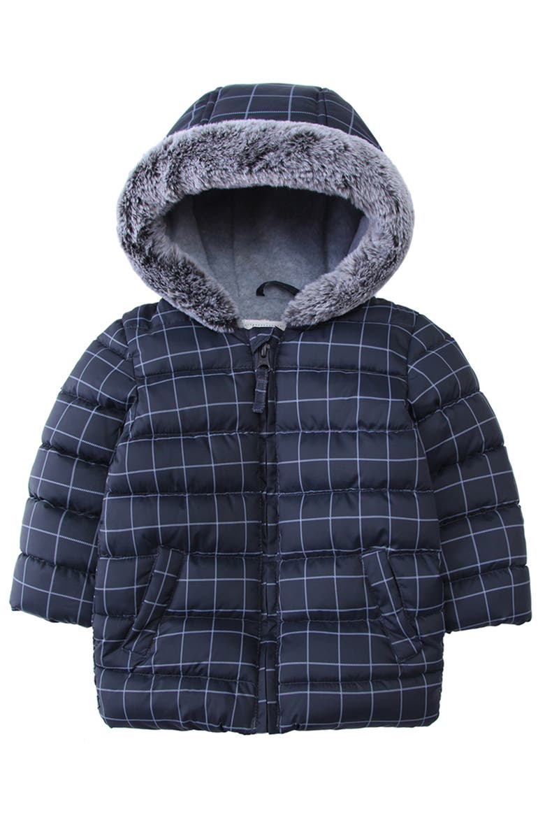 Plaid Fleece Hooded Puffer Jacket, Main, color, Dark Gray Stone White Check