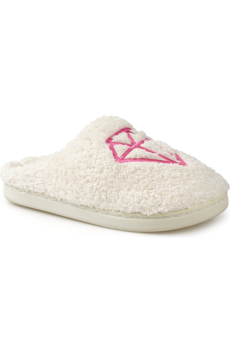 ROCK AND CANDY Embroidered Faux Fur Scuff Slippers, Main, color, White Fabric