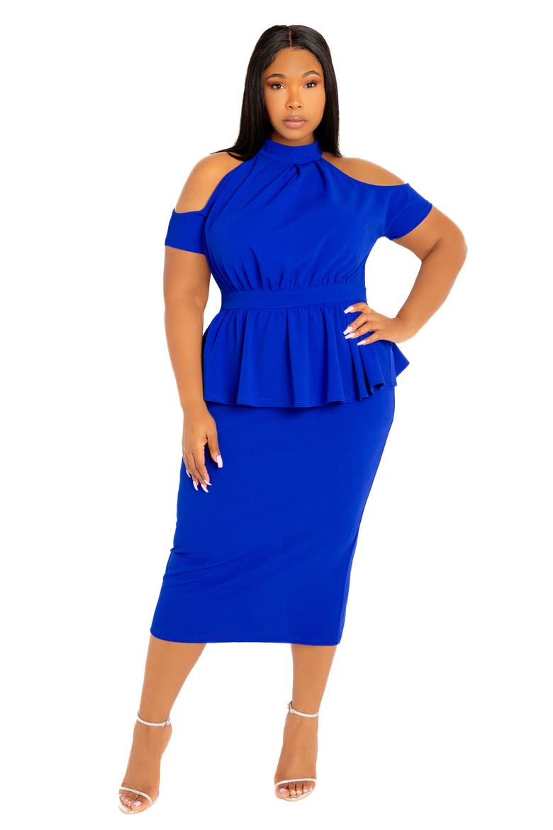 Cold Shoulder Peplum Midi Dress, Alternate, color, ROYAL BLUE