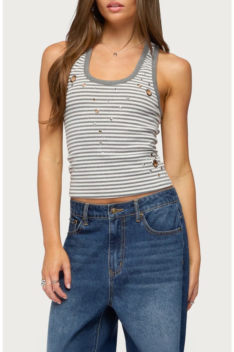 Sindy Stud & Grommet Stripe Racerback Tank, Main, color, GRAY-AND-WHITE