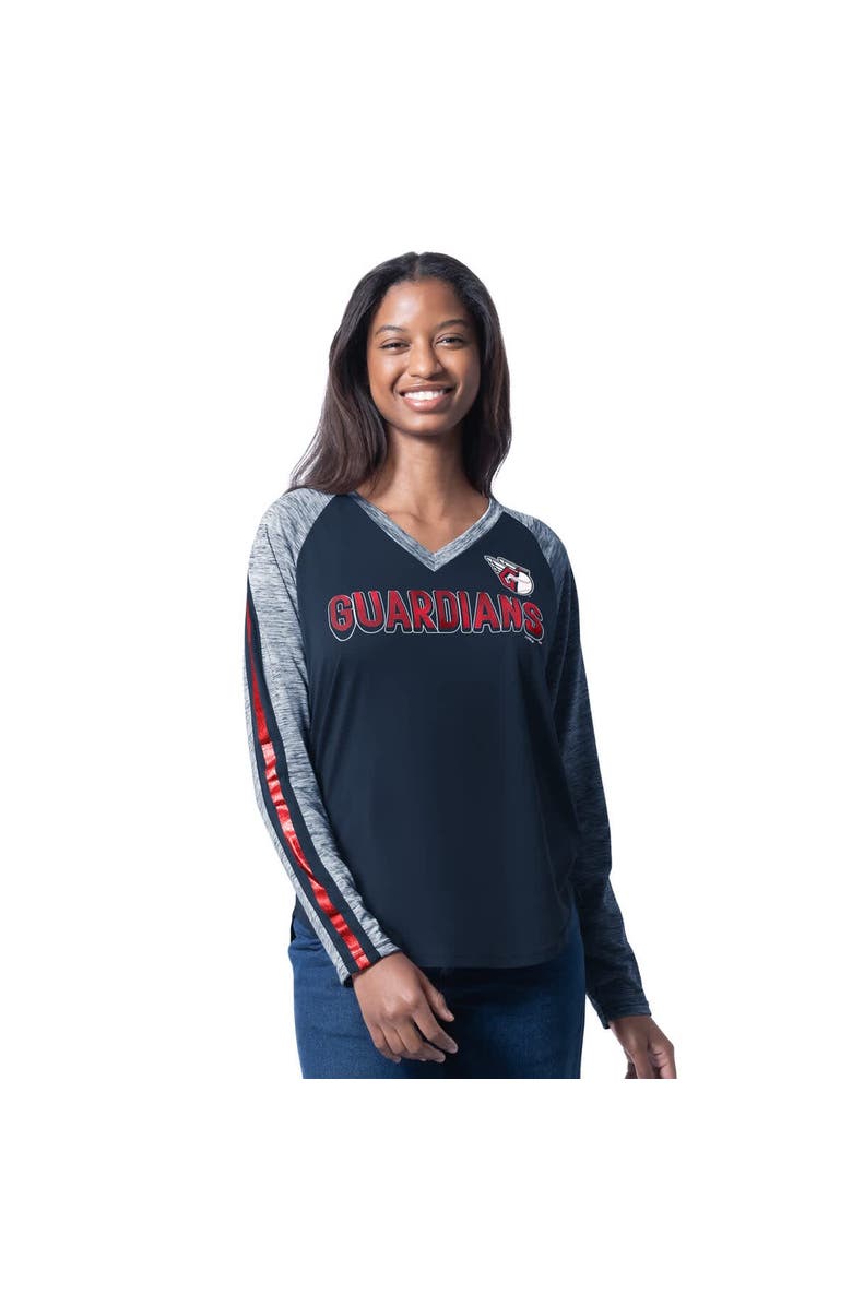 G-III 4HER BY CARL BANKS Women's G-III 4Her by Carl Banks Navy Cleveland Guardians Top Dog Raglan Long Sleeve V-Neck T-Shirt, Main, color, 