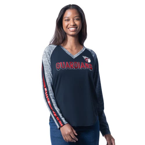 G-iii 4her By Carl Banks Navy Cleveland Guardians Top Dog Raglan Long Sleeve V-neck T-shirt In Blue