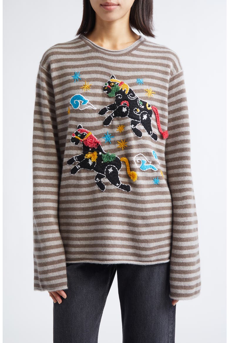 Lunar New Year Horse Embroidered Roll Neck Lambswool Sweater, Main, color, WARM GREY