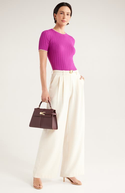 Nordstrom Rack Tipped Short Sleeve Ribbed Sweater In Pink Wild Aster- Tan Tipping