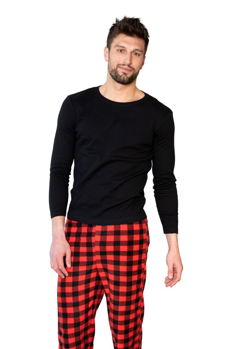 Men's Cotton Top & Fleece Pants Printed Matching Family Holiday Pajama Set, Alternate, color, Plaid Black & Red