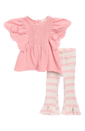 Jessica Simpson Embroidered Smocked Top & Flared Leggings Set In Pink