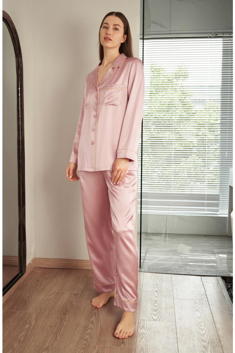 Women's Gold Piping Silk Pajamas Set, Alternate, color, Rosy Pink