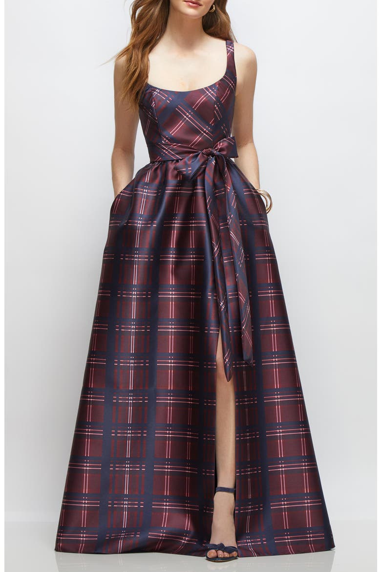 Tartan Tie Waist Sleeveless Satin Gown, Main, color, CABERNET MIDNIGHT