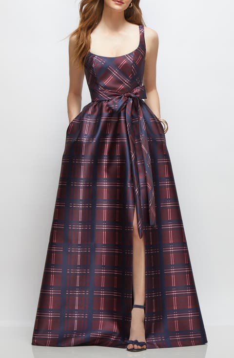 Tartan Tie Waist Sleeveless Satin Gown