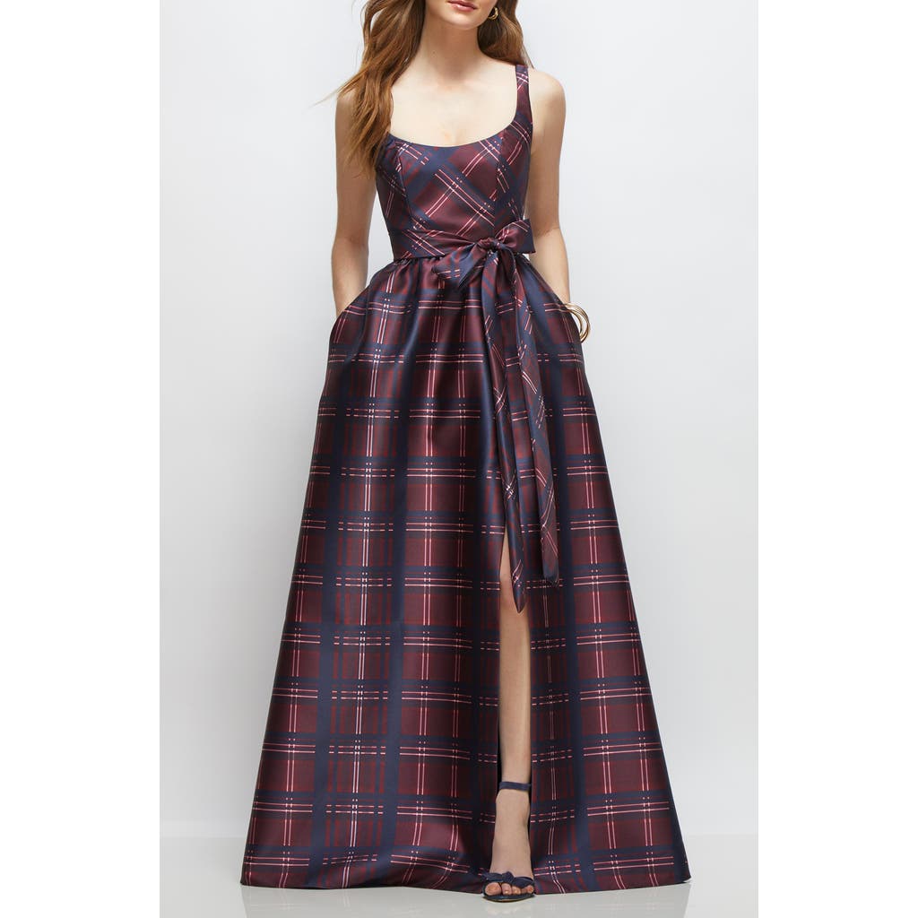 Dessy Collection Tartan Tie Waist Sleeveless Satin Gown In Multi