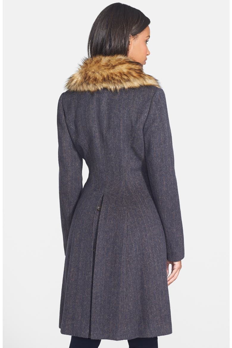 Faux Fur Collar Herringbone Coat, Alternate, color, INK NAVY