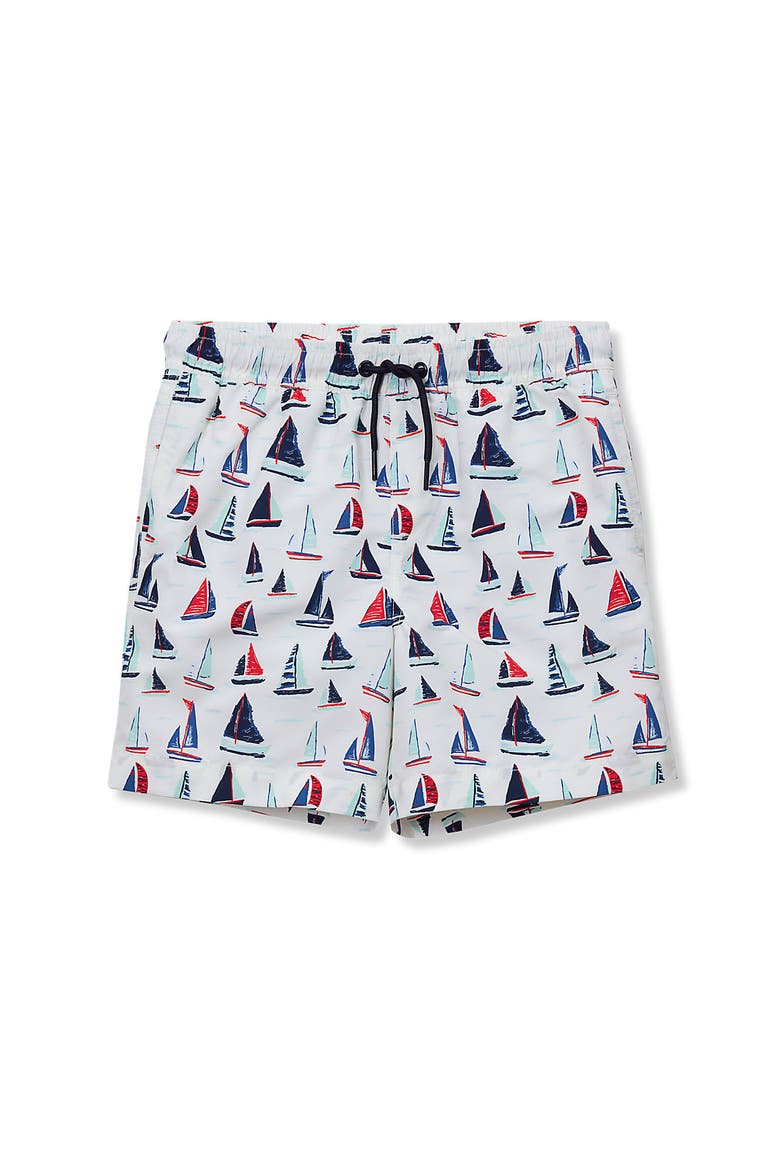Boys Slim Chlorine Resistant 5" Swim Trunks with Mesh Liner, Alternate, color, Sailboats/White