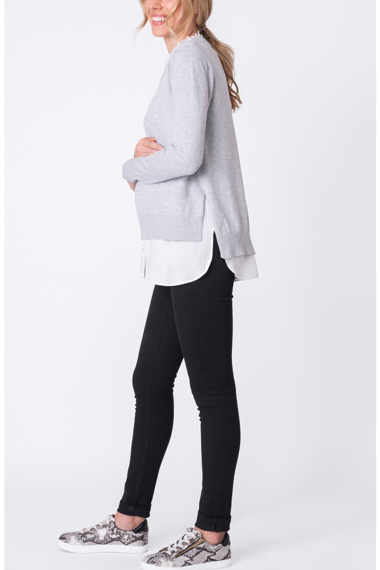 Layered Lace Trim Maternity/Nursing Sweater, Alternate, color, DARK GREY