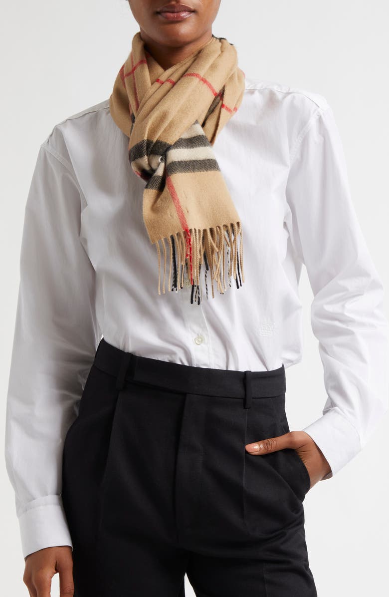 Burberry Check Cashmere Scarf, Alternate, color, Camel