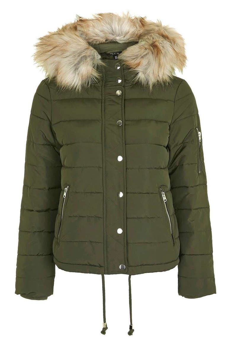 Woody Faux Fur Hood Puffer Jacket, Alternate, color, OLIVE