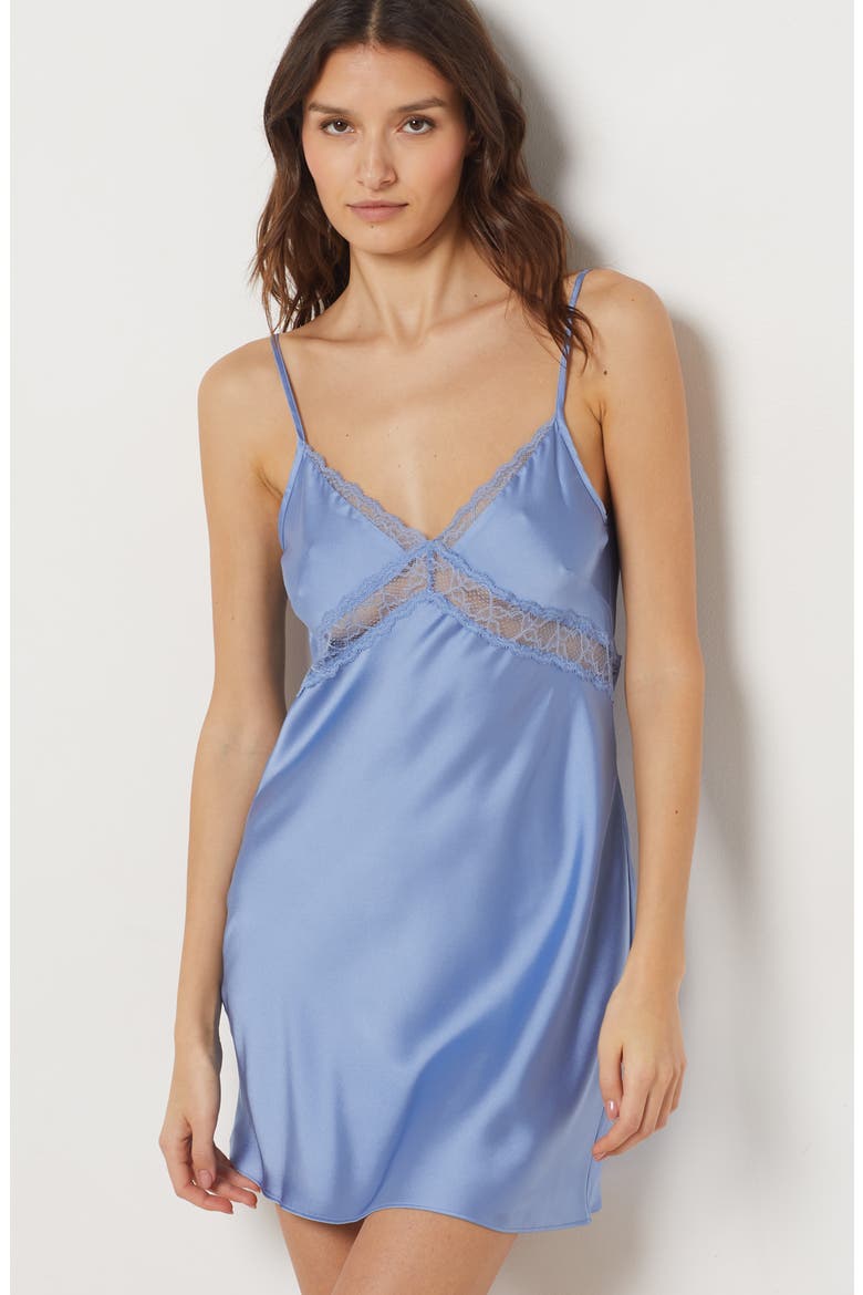 Cute Nuisette Lace Trim Satin Chemise, Alternate, color, AZURE BLUE