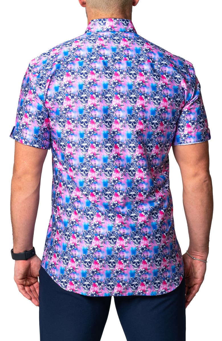 Maceoo Galileo Flower Skull Regular Fit Short Sleeve Button-Up Shirt, Alternate, color, Pink