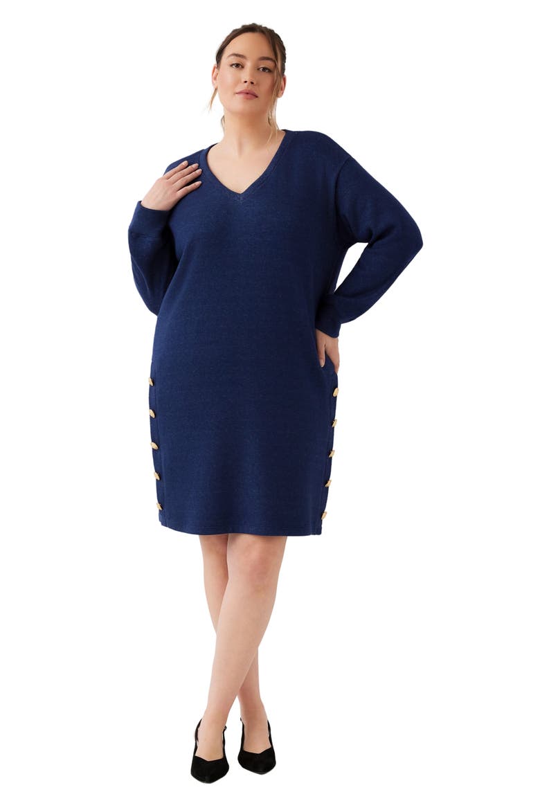 V-Neck Button Detail Dress, Alternate, color, BLUE