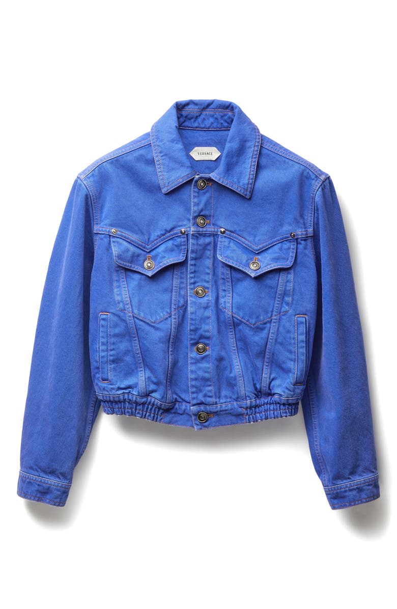 Versace Gender Inclusive Crop Denim Trucker Jacket, Alternate, color, Sky Blue