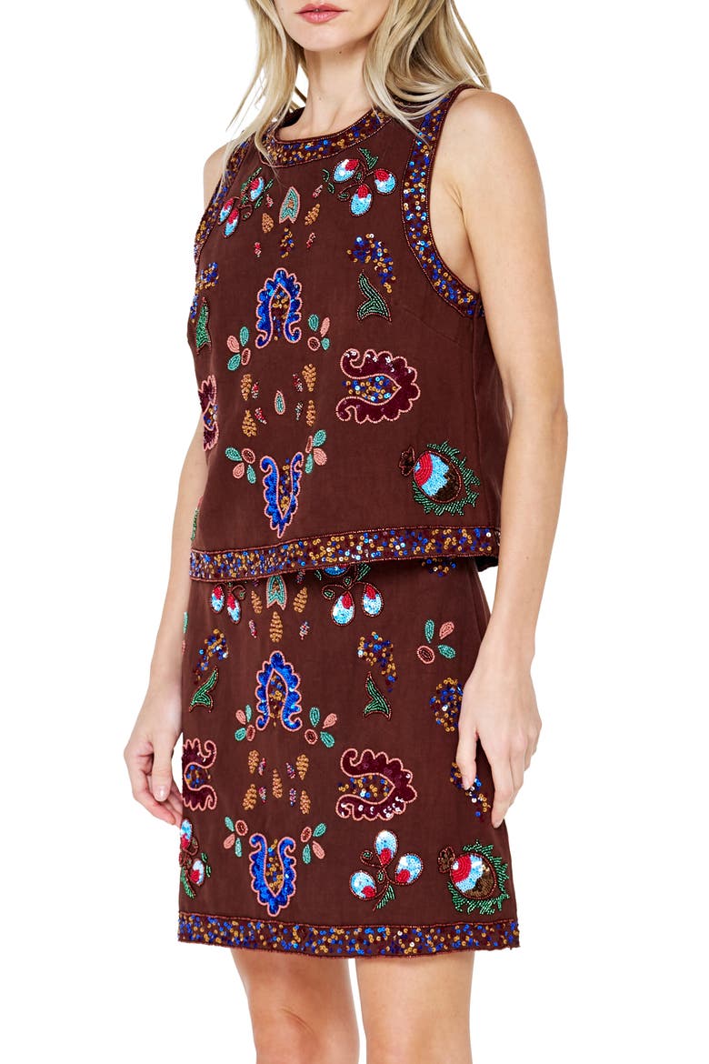 Carsyn Embroidered Miniskirt, Alternate, color, BROWN