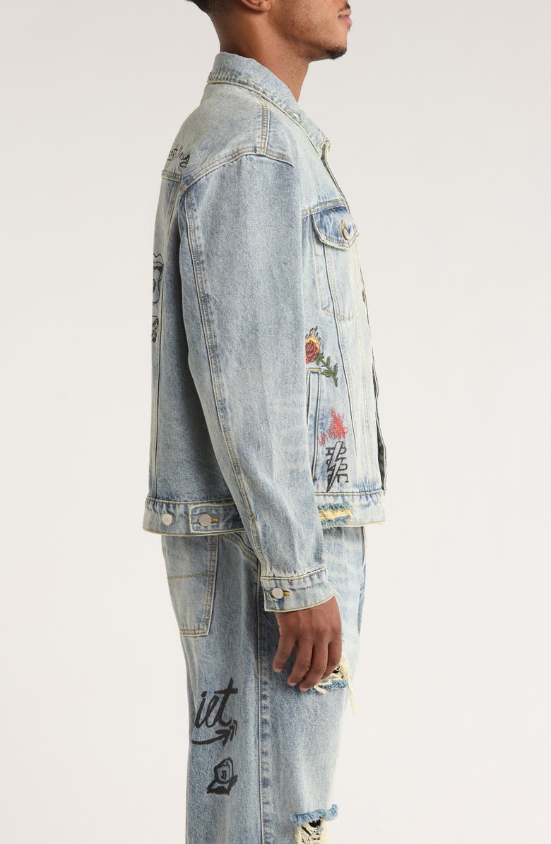 DIET STARTS MONDAY Doodle Embroidered Distressed Denim Trucker Jacket, Alternate, color, Indigo