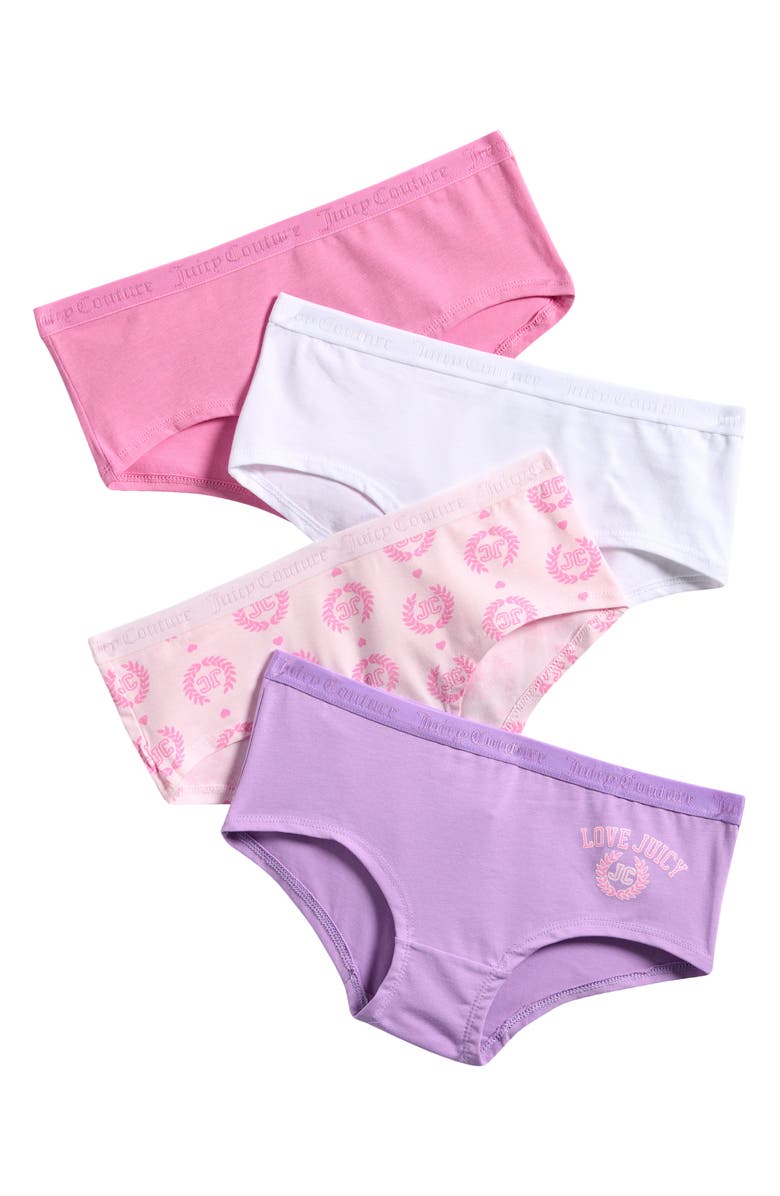 Juicy Couture Kids' Assorted 4-Pack Stretch Cotton Boyleg Briefs, Main, color, Orchid/ White/ Pink/ Bloom