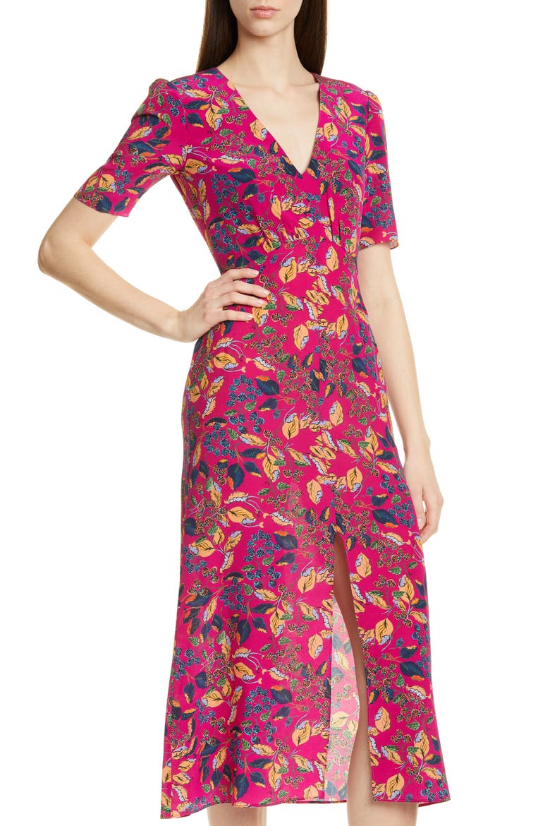 Eden Floral Print Silk Midi Dress, Alternate, color, RANI BERRY LEAF
