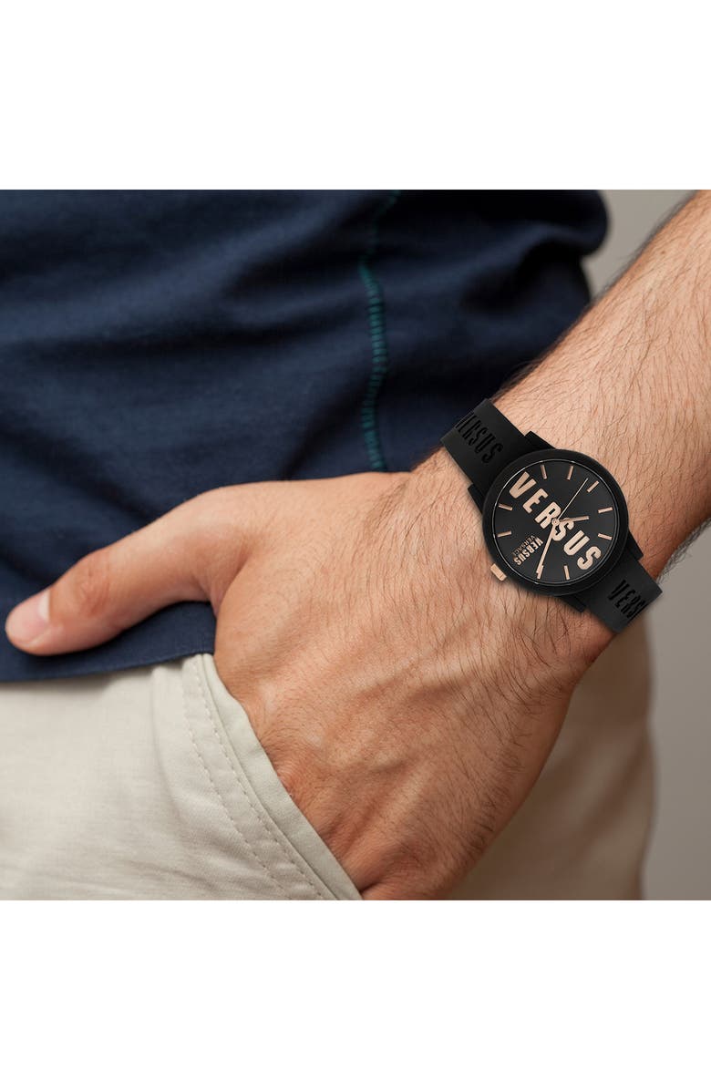 VERSUS Versace Barbes Three-Hand Quartz Silicone Strap Watch, 40mm, Alternate, color, Black/ Rose Gold