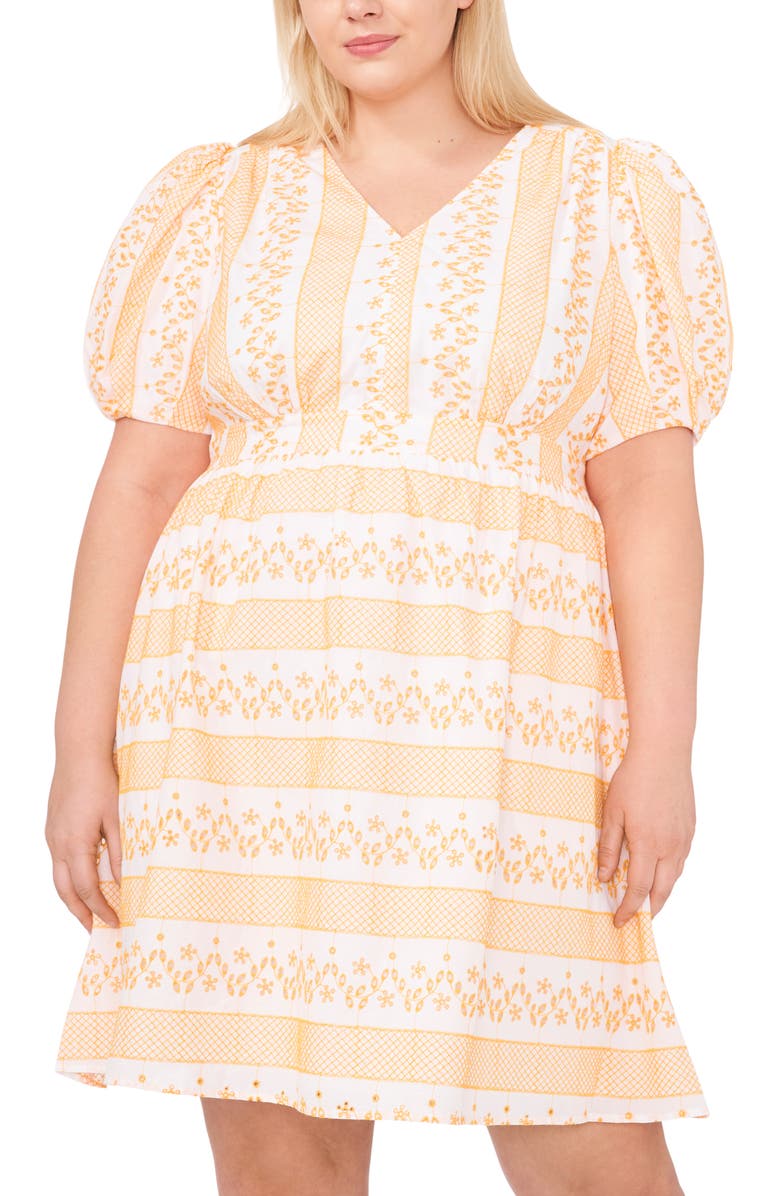 CeCe Puff Sleeve Tie Waist Dress, Alternate, color, Ultra White