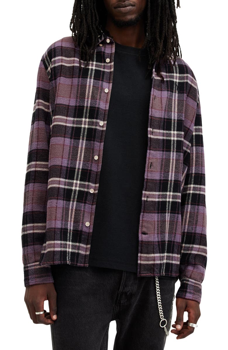 AllSaints Buzzard Plaid Cotton Flannel Button-Up Shirt, Main, color, 