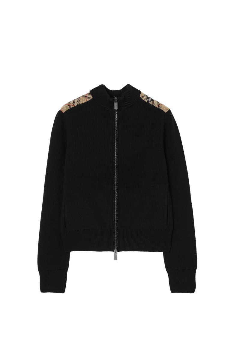 Burberry Check Patch Wool Cashmere Cardigan, Alternate, color, Black