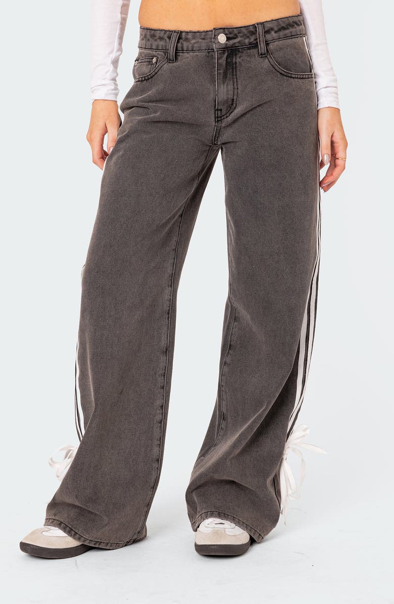 EDIKTED Ribbon Stripe Washed Low Rise Wide Leg Jeans, Main, color, Dark-Gray