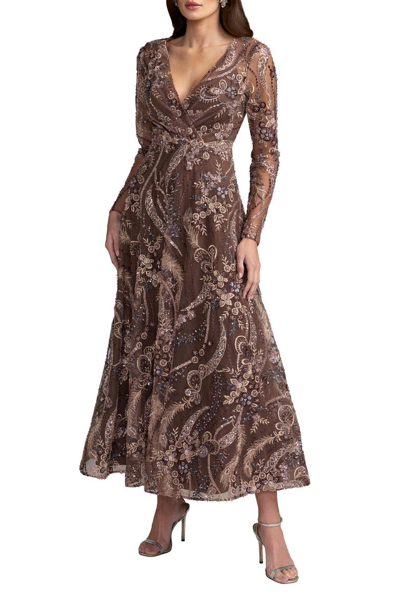 Petite Beaded Embroidered Maxi Dress, Main, color, Chocolate