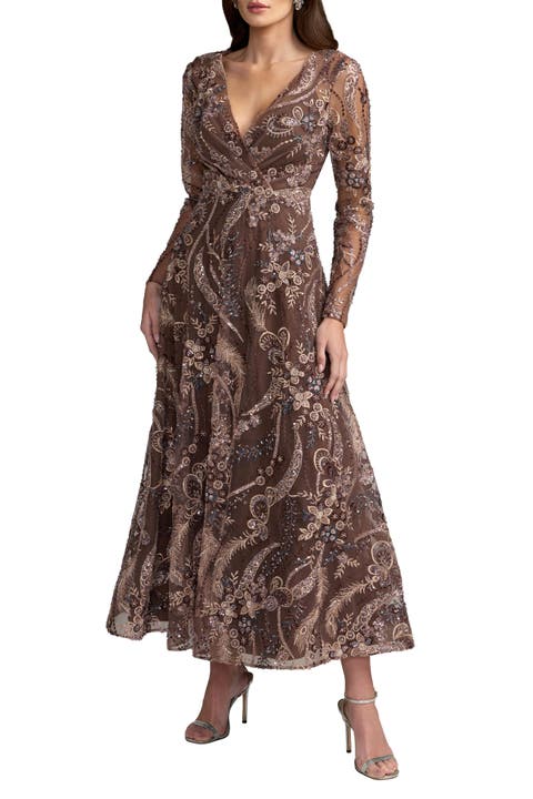 Women's Floral Embroidered V-Neck Long Sleeve Midi Dress