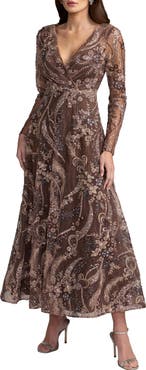 Mac Duggal Women's Floral Embroidered V-Neck Long Sleeve Midi Dress