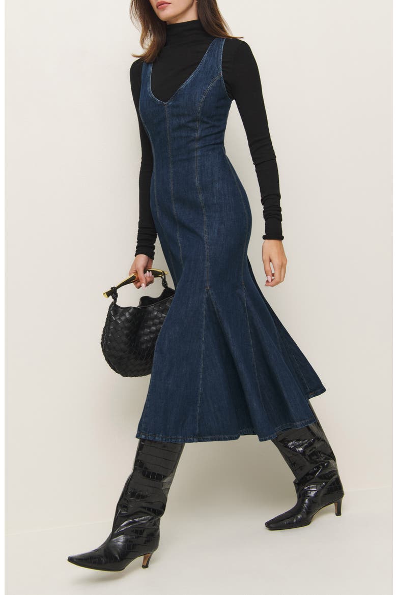 reformation serafina mermaid skirt sleeveless denim dress Reformation Serafina Mermaid Skirt Sleeveless Denim Dress